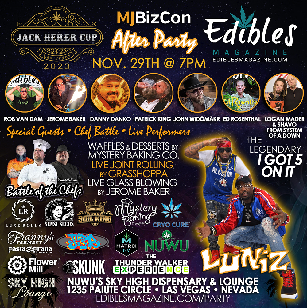 Jack Herer x Edibles Magazine MJBIZCON After Party Flyer - NUWU Cannabis Sky High Consumption Lounge